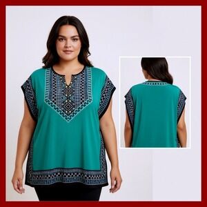 Dana Buchman Top Women's L Green Geometric Beaded Tunic Sleeveless Knit Blouse